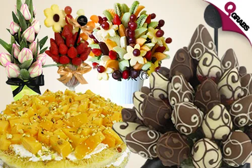 From QR55 Enjoy a Range of Delicious Cakes, Desserts OR Bouquets of Fresh Fruits! (Up to QR450 Value)